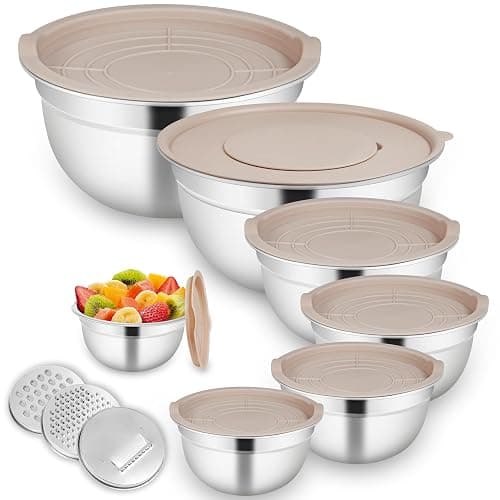 Mixing Bowls with Airtight Lids for Kitchen, 7 Piece Stainless Steel Metal Nesting Storage Bowls, 3 Grater Attachments, Size 4.5, 3.6, 2.7, 2.1,1.7, 1.1,0.7QT for Mixing, Baking & Serving Food - Image 1