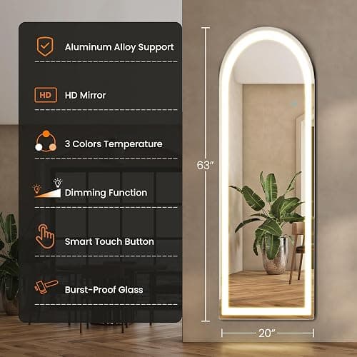 Arched Full Length Mirror with LED Lights, 63"x20" Body Floor Mirror with Dimming & 3 Color Lighting, LED Mirrors for Home Decor, Tall Arch Aluminum Frame Mirrors for Bedroom Cloakroom thumbnail 2
