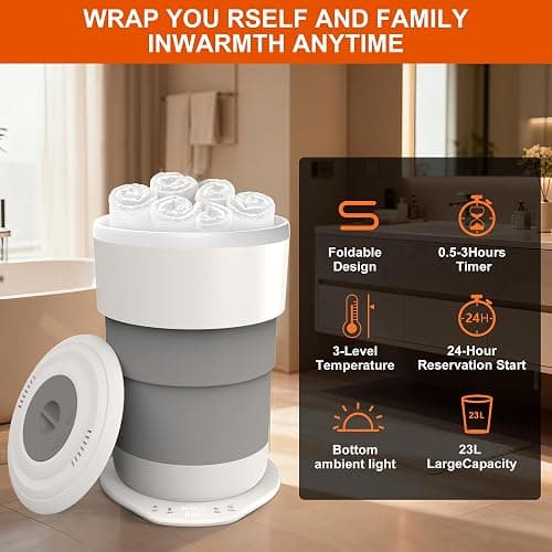 HUMBEST Foldable Towel Warmer for Bathroom Time Setting and Ambient Lighting，Auto Shut Off,Fits Up to Two 40"X70" Oversized Towels, Bathrobes, Blankets thumbnail 3