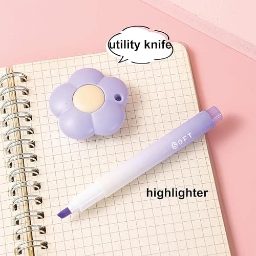 7 Pcs Cute Purple Stationery Set Kawaii School Supplies Office Supplies Including Ballpoint Pens Pencil Sharpener Highlighter Correction Tape Ruler Utility Knife (Purple) thumbnail 6