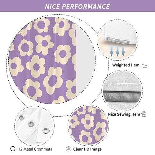 Visioun Purple Cute Retro Floral Abstract Flower Shower Curtain for Bathroom 72W*72H Inch 70s Lovely Vintage Aesthetic Funky Bathtub Decor Modern Trendy Waterproof Polyester Fabric Set with 12 Hooks thumbnail 4