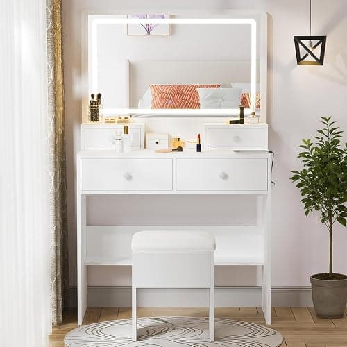Haewon White Vanity Desk with Mirror and Power Outlet, Makeup Vanity with Adjustable Brightness and 3 Lighting Modes, Dressing Table Set with 4 Drawers, Storage Chair for Bedroom thumbnail 7