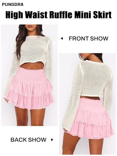 Pungdra Womens Casual Ruffle Mini Skirt Athletic Golf Tennis Skort Boho Tiered High Waist Layered Ruffle Flowy Short Skirts thumbnail 3