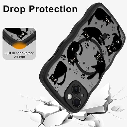 Heaofei Cute Wavy Case for iPhone 14 Case with Black Cats Pattern | Compatible with MagSafe, Cat Print Design for Women Girls, Drop Proof Animal Magnetic Protective Phone Cover thumbnail 5