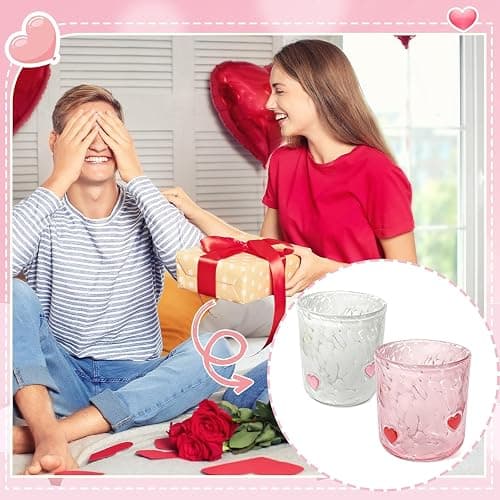 YinNorth 2 Pcs Valentine Icon Juice Glass 14oz Heart Drinking Cocktails Glasses Cute Pink White Stemless Wine Glasses Handblown Old Fashioned Couple Cups for Her Wife Women Birthday Lovely Gifts thumbnail 8