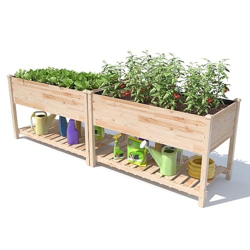 Gotland 2pcs Raised Garden Bed with Legs, Raised Beds for Gardening with Storage Shelf Bed Liner Drainage Holes, Wooden Planter Raised Beds, Raised Planter Box Backyard, Patio, Balcony, Natural - Image 1