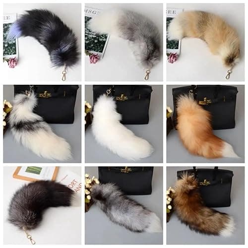 ASkinds Fluffy Fox Tail Fur Keychain Cosplay Toy Party Costume Furry Wolf Tails Handbag Accessory Key Chain Ring Hook for Women(White+Black) thumbnail 9