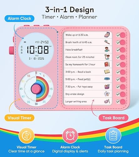 3-in-1 Visual Timer & ADHD Tool for Kids – ADHD Task Timer for Adults with Visual Schedule, Chore Chart & Planning Board for Home, School, Classroom, Work (Pink) thumbnail 2