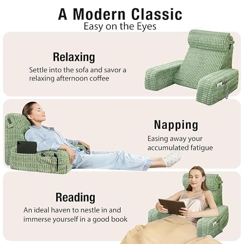 Selectico 19" Reading Pillow for Bed with Built-in Arms & Large Pockets, Supportive Backrest Cushion for Reading, Resting, or Reclining, Washable Cover – Sage Green thumbnail 4