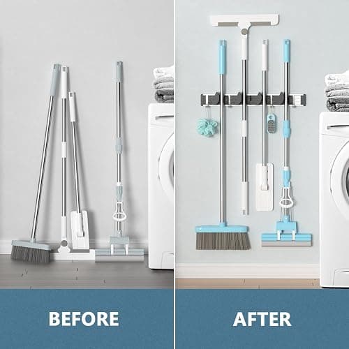 Holikme Mop Broom Holder Wall Mount Metal Pantry Organization and Storage Garden Kitchen Tool Organizer Wall Hanger for Home Goods (4 Positions with 4 Hooks, Black) thumbnail 5