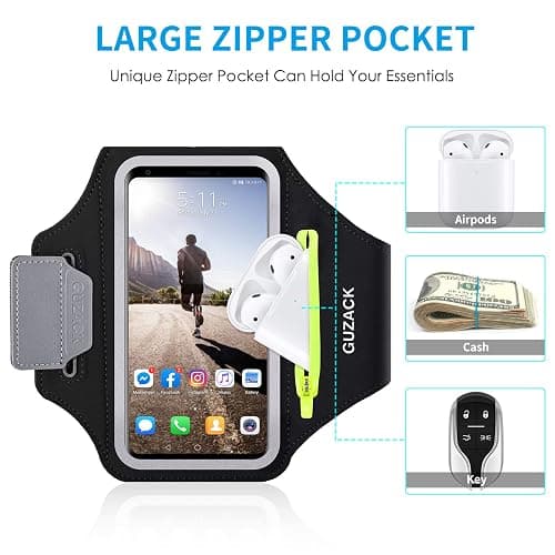 GUZACK Phone Holder for Running with Zipper Pouch, Running Armband for iPhone 16 Pro/15/14/13/12/11 Pro Max, Galaxy S24/S23/S22, with Key Pocket & Card Slot (Green Zipper, M) thumbnail 2