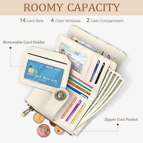 Icycay Floral Bee Small Wallet Women RFID Blocking Bifold, Credit Card Holder, Zipper Coin Pocket, PU Leather, Cute, Compact, Travel, 4 ID Window, 14 Card Slots, Cash Purse, Ladies Woman Female Girls thumbnail 2