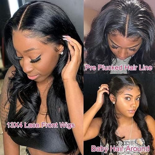 SKULD Body Wave Human Hair Wig 13x4 Lace Front Wigs, Natürliche Gewellte Welle Echthaar Perücke für Damen Schwarz, 100% Brasilianisches Echthaar Perücken mit Babyhaar 150% Dichte (45cm) thumbnail 7