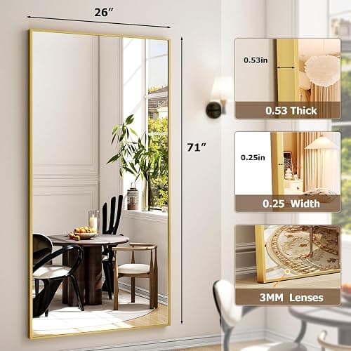 Easly 26"x71" Full Length Mirror, Adjustable Standing/Wall Mounted Floor Mirror for Bedroom, Living Room, Entryway, Large Gold Leaning Mirror with Shatterproof Glass thumbnail 4