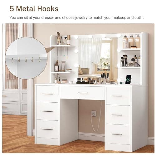 FIONESO Vanity Desk with LED Light Mirror & Power Outlet, 3 Adjustable Light Color, Makeup Vanity with 7 Drawers, 4 Shelves, 5 Jewel Hooks, White Vanity for Bedroom, Girls Vanity thumbnail 8