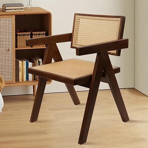 CLATINA Rattan Reading Chair for Bedroom Comfy Indoor Kitchen Dining Chair with Rattan Backrest Armrest Morden Upholstered Seat Wood Chair for Home Living Room Farmhouse Restaurant(1PK) - 1PK - Light Beige - Image 1