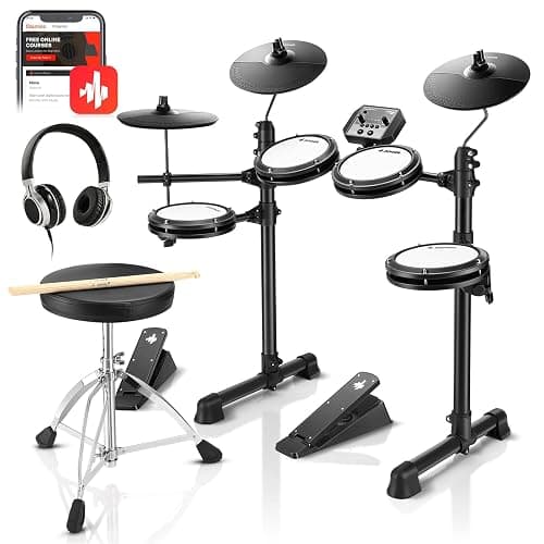 Donner DED-80 Electronic Drum Set with 4 Quiet Mesh Pads, 180+ Sounds, 2 Pedals, Throne, Headphones, Sticks, and Melodics Lessons - Image 1