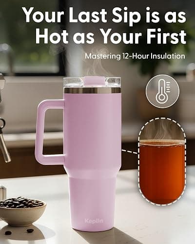 Keplin 40 oz / 1200 ml Insulated Travel Tumbler – Double Wall Stainless Steel Cup with Leak-Proof Lid, Thermal Flask Keeps Drinks Hot & Cold, Dishwasher Safe, Fits Car Cup Holders - Cream Pink thumbnail 8