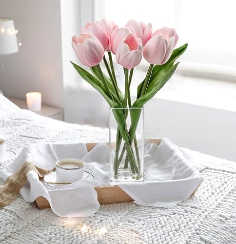 Briful Fake Flowers Artificial Tulip Flower Pink in Clear Vase, Real Touch Foam Tulip Arrangement Suitable for Home Office Decoration, Dining Table Centerpiece thumbnail 6