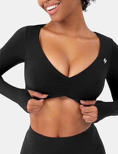 YEOREO Long Sleeve Crop Tops for Women Agantha Deep V Neck Ruched Padded Workout Gym Cropped T Shirt Top with Thumb Holes thumbnail 5