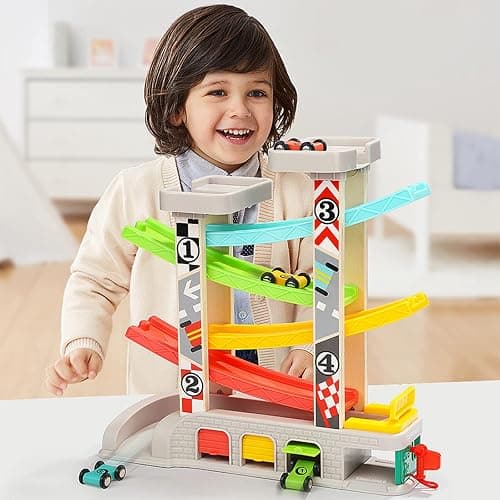 TOP BRIGHT Kugelbahn Autorennbahn aus Holz mit 5 Autos - Kinderspielzeug Geschenke für Kinder, Baby Spielzeug ab 1 Jahr Jungen und Mädchen thumbnail 2