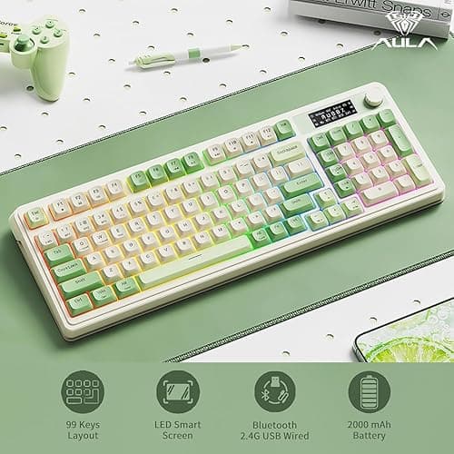 AULA S99 Pro Wireless Keyboard, Display Screen & Media Knob, Tri-Mode Bluetooth/2.4G/USB-C RGB Creamy Gaming Keyboard with Number Pad Macro Keys, Custom Computer Keyboards for Laptop PC Gamer - Green thumbnail 3