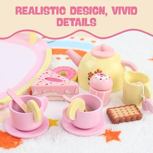 Wooden Tea Party Set for Girls – 16 Pcs Pink Princess Tea Set with Teapot, Cake & Desserts | Pretend Play Kitchen Toys for Toddlers Ages 3-5, Birthday Gift for Kids thumbnail 3