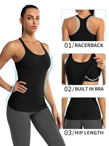 ATTRACO Ribflex Ribbed Workout Tank Tops for Women with Built in Bra | Removable Pads, Light-to-Medium Support, Racerback, Scoop Neck, Hip Length, Seamless Stretch, Sleeveless Athletic Tops thumbnail 8