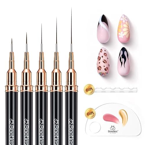 Beetles Liner Brushes for Nails 5pcs, Metallic Nail Art Brushes Black | Nail Liner Brushes Sizes 5/9/15/20/25mm with Palette Holder, Nail Art Pens with Cap, Painting Lines Details Nails Art Tools thumbnail 9