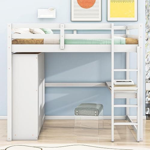 Harper & Bright Designs White Full Size Loft Bed with Desk & Wardrobe, Solid Wood Kids Loft Bedframe w/3 Storage Drawers & 2 Shelves, Maximum Space Design, for Bedroom, Dorm thumbnail 3
