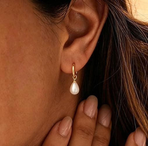 JOBICY Pearl Earrings for Women Trendy, 14k Gold Plated Freshwater CZ Leaf Pearl Dangle Drop Gold Earrings Lightweight Hypoallergenic Stud Earring Bridesmaid Wedding Gold Jewelry for Women Gifts thumbnail 3
