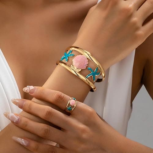Nojess Boho Ocean Starfish Shell Open Cuff Bangle Bracelet Ring Set for Women Enamel Statement Summer Vacation Beach Jewelry thumbnail 2
