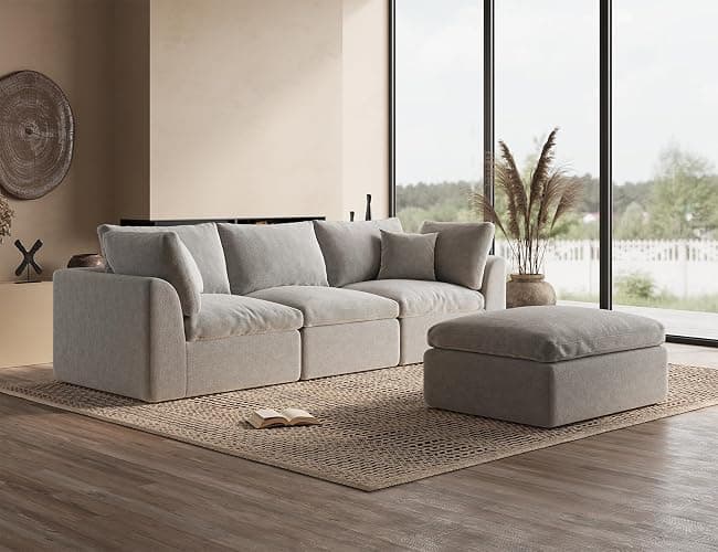 ohllob 110" Cloud Sectional Couches for Living Room, Boneless L-Shape Couch with Ottoman, 3 Seater Modular Sectional Sofa, Light Grey thumbnail 3