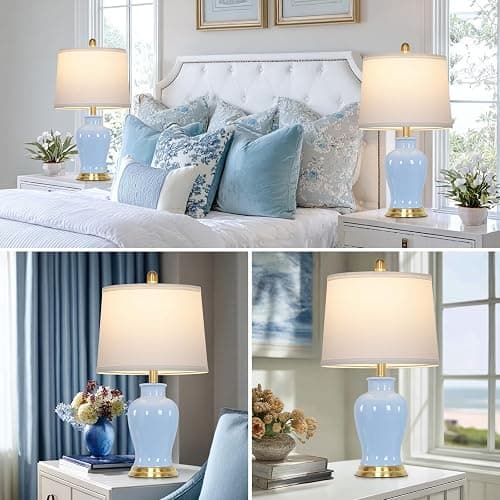 23" Modern Blue Ceramic Table Lamps Set of 2, Coastal Ceramic Lamps for Living Room, Classic Bedside Lamp with Ginger Jar Design, Elegant Bedroom Lamp for Night stand Desk Side End Table Home Decor thumbnail 6
