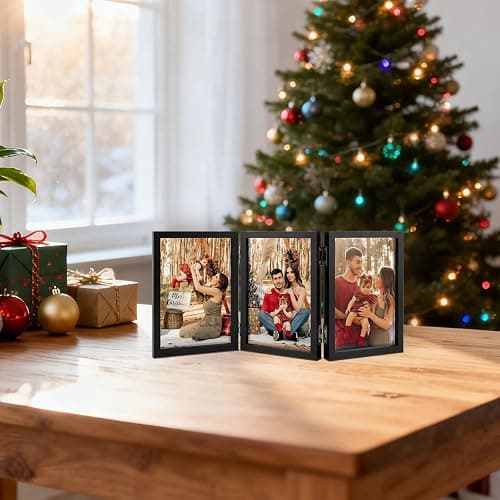 Space Art Deco Triple 4x6 Picture Frame, 3 4x6 Folding Photo Frame, Standing Vertically on Desktop or Tabletop, Home Decorative Christmas Holiday Gift, Black thumbnail 6