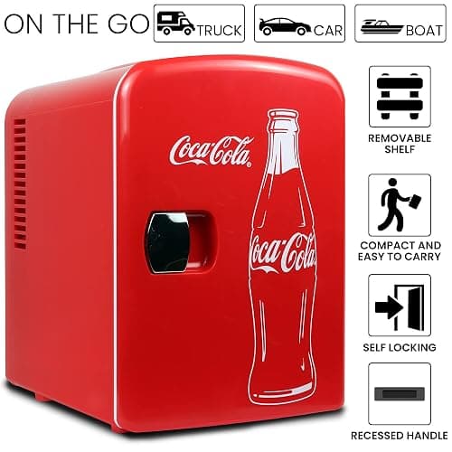 Coca Cola Mini Fridge for Bedroom Skincare Cosmatic Office 4L Small Refrigerator 6 Can Mini Refrigerator Dorm Fridge Portable Cooler 12V DC 110V AC Personal Travel Refrigerator Snacks Drinks Red thumbnail 6