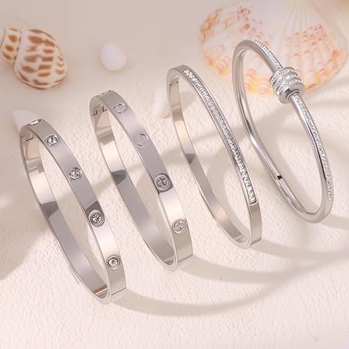 Camhanno Stainless Steel Bangle Bracelet Set for Women - Silver/Gold Love Bangle Non Tarnish Jewelry with Sparkling Crystal Inlay for Love Gifts thumbnail 7