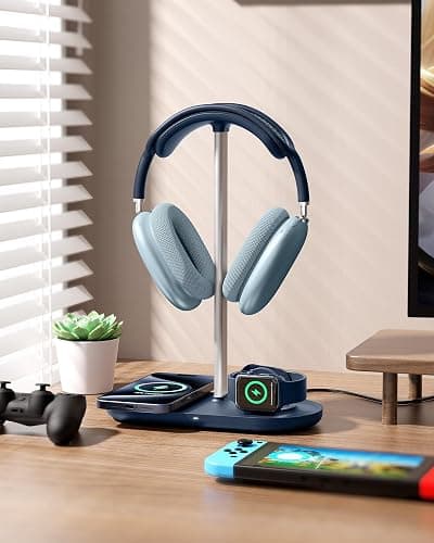 HiWe 3-in-1 Headphone Stand - Universal Desktop Gaming Headset Holder with Wireless Charger for Phones/AirPods/iWatch, Aluminum Alloy Rod, Leather Pad, ABS Solid Base, Blue thumbnail 6