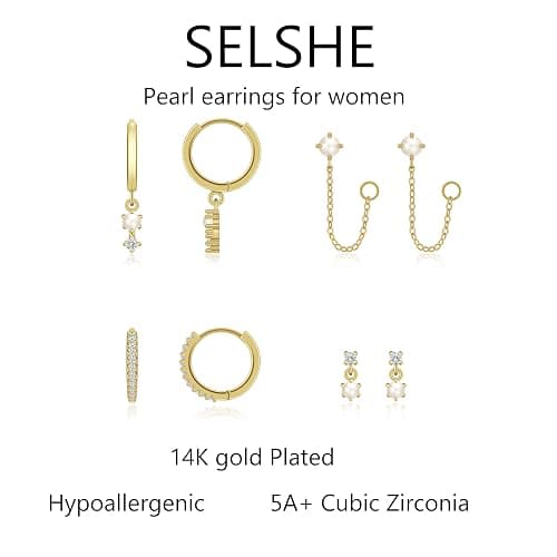 SELSHE Gold Plated Earrings for Women, 14k Gold Plated Earring Stack Hypoallergenic Pearl Drop Earring Dainty Earrings for Women Trendy Cute Small Huggie Hoop Earring Fashion Womens Jewelry thumbnail 4