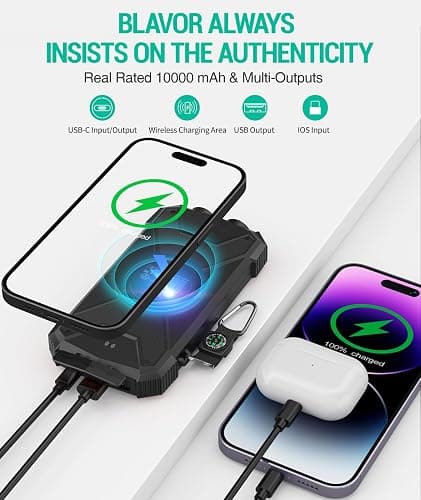 BLAVOR Solar Charger Power Bank 10,000mAh, Portable Wireless Charger, 20W Fast Charging External Battery Pack with USB C for Cell Phones, Solar Panel Charger with Dual Flashlight for Camping thumbnail 5
