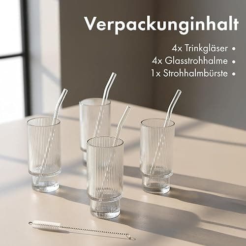 EDELHAUS Gläser Set 4-teilig mit Strohhalm (300ml) - Geriffelte Cocktailgläser, Riffle, Ripple Aesthetic, Gin, Trinkgläser Set, Longdrinkgläser, Matcha Gläser thumbnail 7