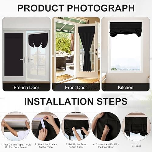Maritown Blackout Door Curtains,French Door Blinds Stick On Curtains for Privacy and Light Control,Thermal Blackout Curtains Front Door Curtain Tie up Shade,No Drilling Easy Install(1 Panel) thumbnail 7