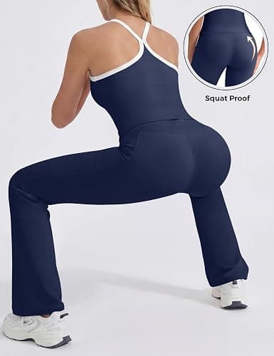 VVX Women 2 Piece Workout Sets High Waisted Flare Leggings with Pockets Matching Cross Back Tank Top with Contrast Trim thumbnail 5