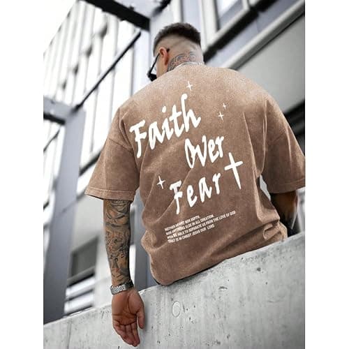 Lubpow Christian Shirts for Men Faith Over Fear Acid Wash Tshirts Faith Religious Tees God Bible Verse Inspirational Tops thumbnail 3