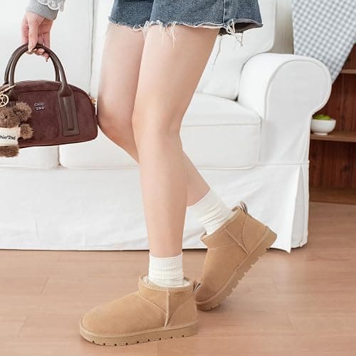 HORMAUWORD Suede Platform Mini Snow Boots for Women, Genuine Leather Fuzzy Ankle Winter Snow Boots with Fur Lined, Anti-Slip Boot For Outdoor thumbnail 2