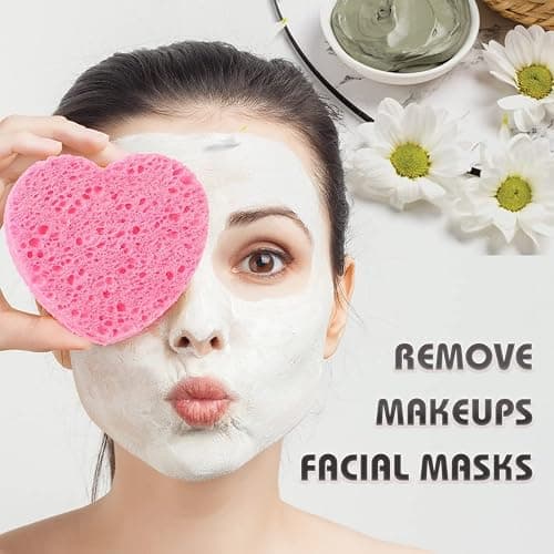 60-Count Compressed Facial Sponges, 100% Natural Cosmetic Spa Sponges for Facial Cleansing, Exfoliating Mask (Pink Heart) - Pink Heart thumbnail 3