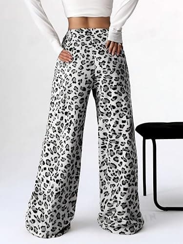 Leopard Women's Fuzzy Pajama Pants - Y2k Cheetah High Waisted Fluffy Pants (White, L) thumbnail 3