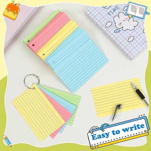 YAGUAO Colored Index Cards 3x5 Inch Heavyweight Flash Cards with Ring Lined Flashcards Note Cards for Studying School Supplies College, 200 Count thumbnail 3