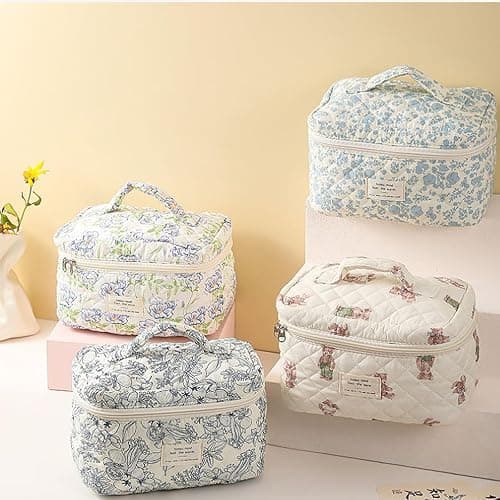 AMULOKRU Quilted Makeup Bag, Large Makeup Bag, Cute Cosmetic Bag for Women Girls, Floral Coquette Aesthetic Travel Toiletry Make Up Organizer Bag-White Bow thumbnail 6
