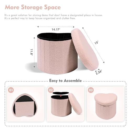 B FSOBEIIALEO Storage Ottoman Cube, Heart Shaped Ottomans with Storage Foot Stool Footrest for Lving Room, Boucle Ottoman Seat for Dorm Room,Faux Teddy Fur, Pink 15"x15"x15" thumbnail 3